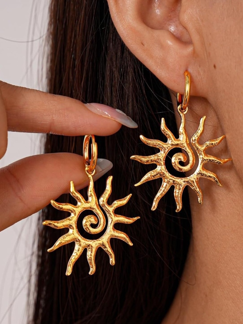 Gold Sunburst Stainless Steel Hoop Drop Earrings